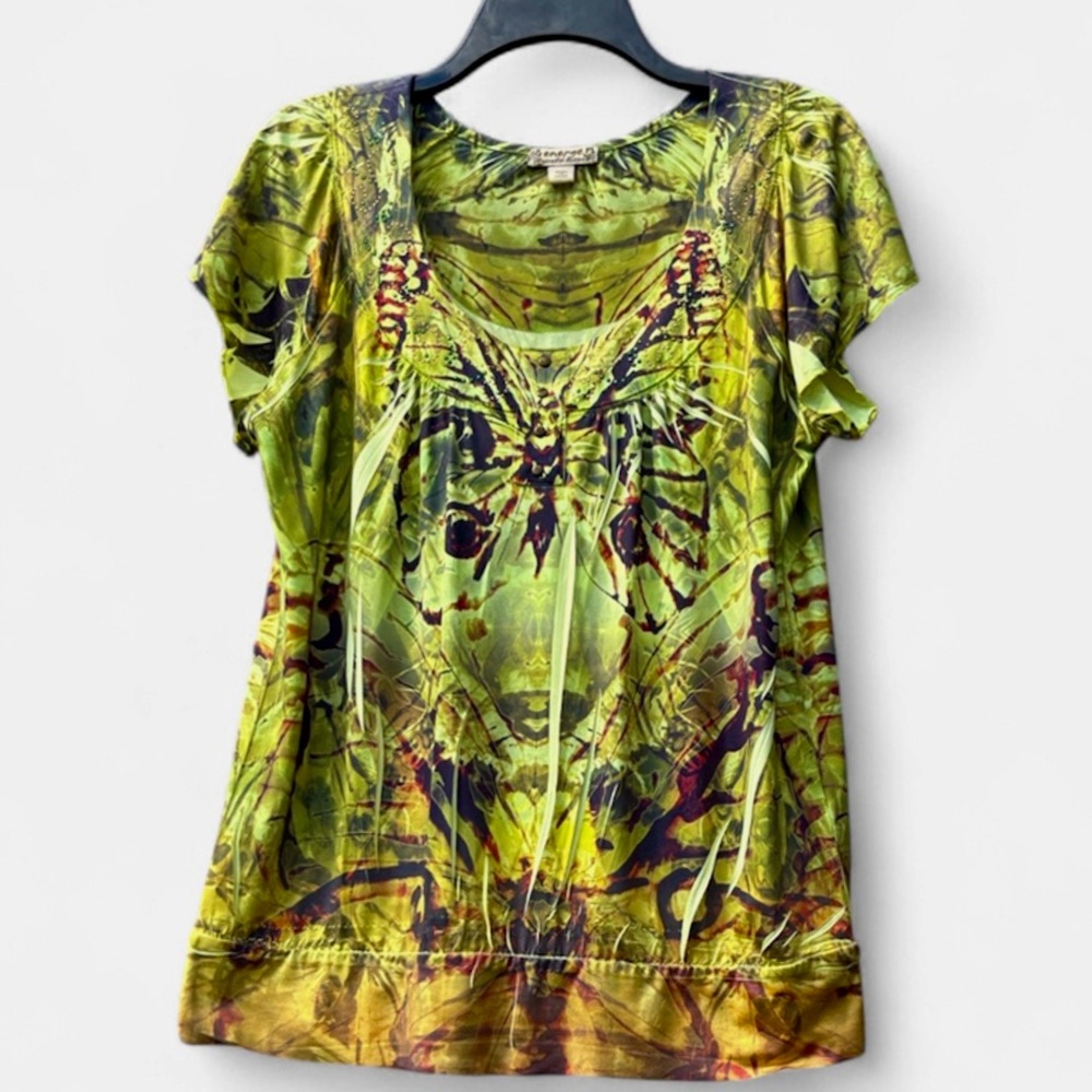 ENERGE Ladies Ruffle Sleeves Colorful Butterfly Tunic length Top Petite Large